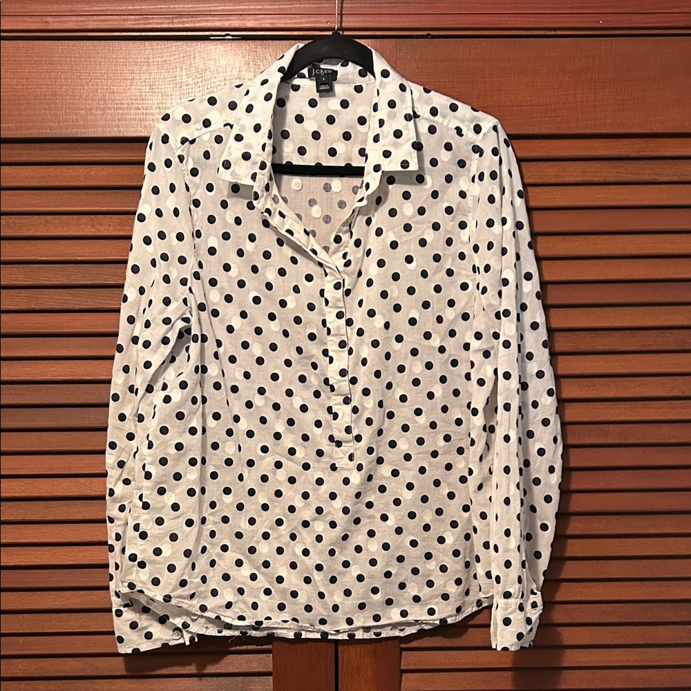 J. Crew Navy Blue and White Polka Dot 3/4 Button-Down Pullover Tunic Shirt L